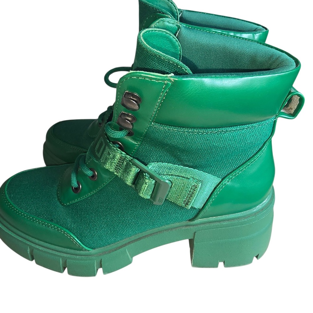 Redtop Green Canvas Leather Combat Boots Buckle Strap Chunky Lug Sole Womens 6